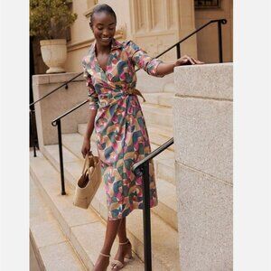 NWT. J. McLaughlin Stretch Cotton Geometric Harmony Mercer Midi Wrap Dress S